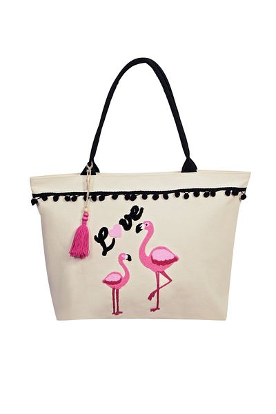 Bakras Canvas Ecru Flamingo Embroidered Zippered Design Beach Bag with Pockets