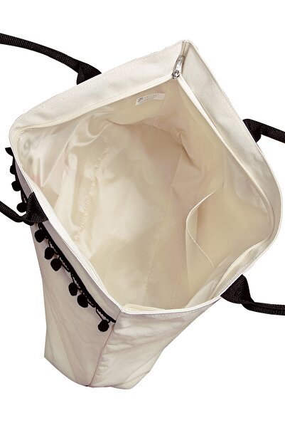 Bakras Canvas Ecru Flamingo Embroidered Zippered Design Beach Bag with Pockets