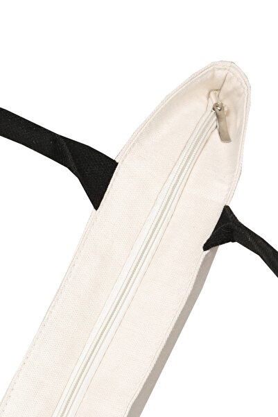 Bakras Canvas Ecru Flamingo Embroidered Zippered Design Beach Bag with Pockets