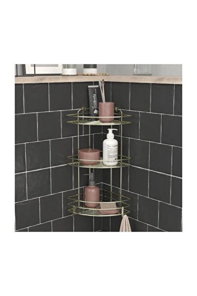Teknotel Üç Katlı Kancalı Banyo Köşe Rafı Altın Sarı BK023H