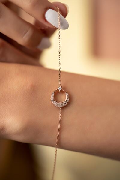 Ninova Silver Crescent and Star Model Zircon Stone Rose 925 Sterling Silver Plated Italian Bracelet