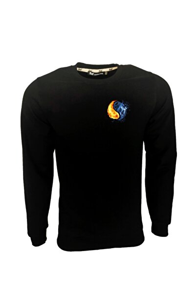 Raf Coll Hanorac unisex negru cu imprimeu pe spate și față cu foc și apă