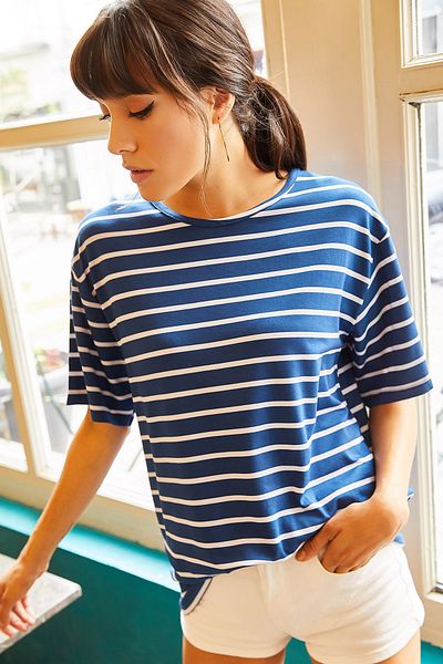 Olalook Γυναικείο μπλουζάκι Saks Μπλε ριγέ casual TSH-19000283