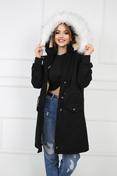 B&T معطف نسائي من قماش الجبردين قطيفة باللون الأسود قابل للإزالة