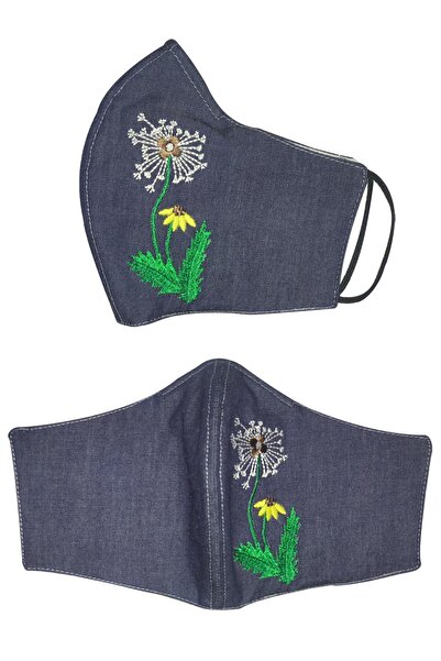 EGEMOD Kadın Kot Karahindiba Nakışlı Burun Telli Yıkanabilir Pamuk Luxury Bez Maske 1 Adet