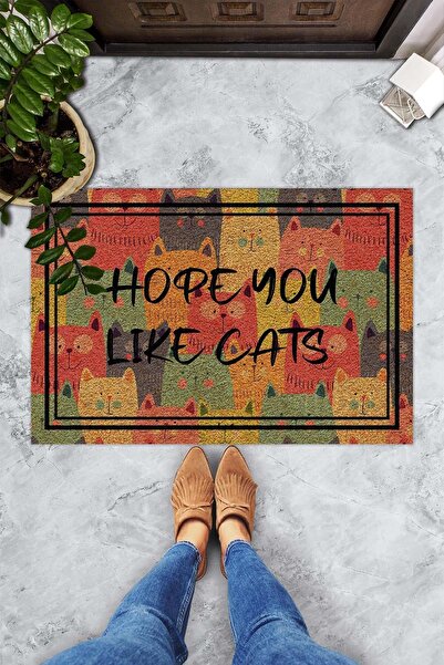 Evsebu Rengarenk Kedileri Seviyorum Dekoratif Kapı Önü Paspası