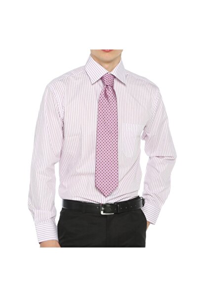 Gomlekplus Erkek Beyaz Yakalı ve Manşetli Porselen Kırmızı Çizgili Filafil Gö...