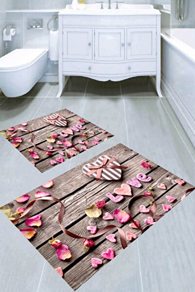 Resmiro Ahşap Zemin Kalp Kutu Ve Gül Yaprağı Desenli 2li Banyo Paspası (50x60...