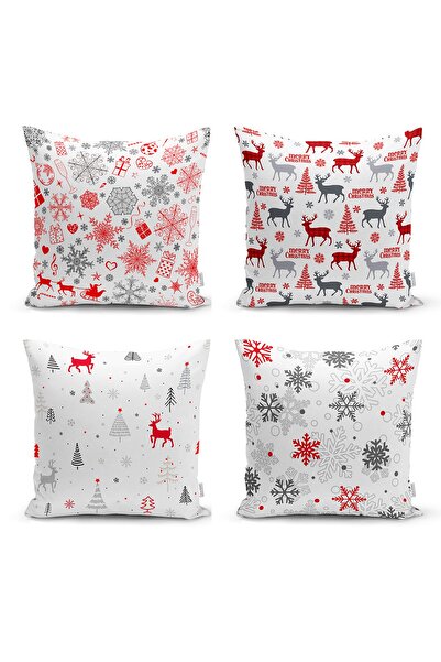 Realhomes Beyaz Zeminli Yılbaşı Konseptli 4'lü Yastık Kırlent Kılıfı