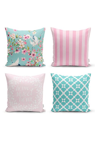 Realhomes غطاء وسادة مزخرف باللونين الوردي والأخضر النعناعي مكون من 4 قطع