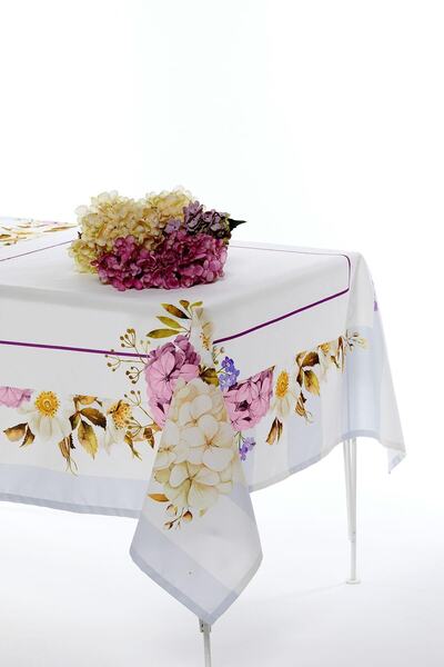 AYSHOME Ortanca Çiçek Desen 145x145 Leke Tutmaz Petek Kumaş Masa Örtüsü