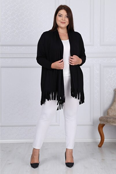 Genel Markalar Kadın Siyah Büyük Beden Asimetrik Kesim Püsküllü Salaş Lı Viskon Hırka