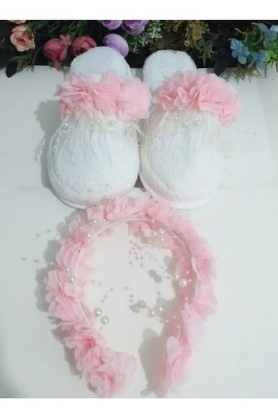 SÜSLÜTASARIM Pearl Flower Decorated Maternity Slippers Crown Set 1000 – Maternity Set