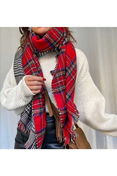 MODA LİONA Γυναικείο Κόκκινο Καρό Σάλι Διπλής Όψης