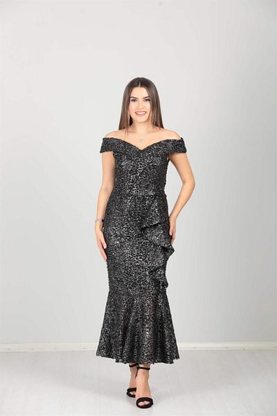 giyimmasalı Boat Neck Skirt Flounce Ruffle Detailed Sequin Dress - Black