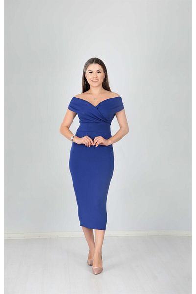 giyimmasalı Boat Neck Pencil Dress - Sax