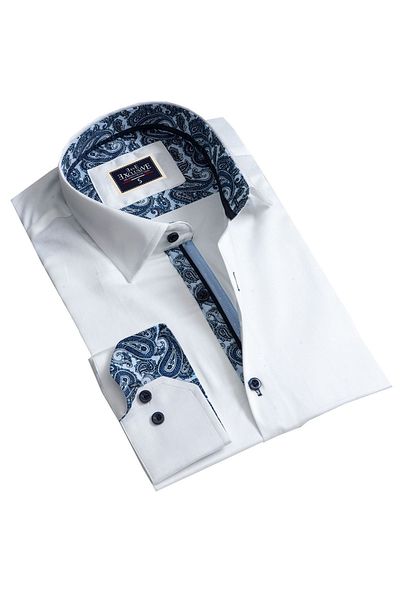 Exve Exclusive White Inside Blue Paisley Pattern Collar Cuff Detailed Shirt^ | En_Us:White Inside Paisley Men's Shirt