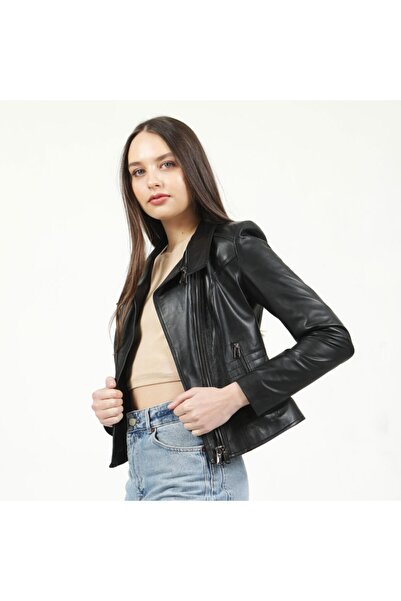Dericlub 2120 معطف جلد نسائي أسود لراكبي الدراجات النارية