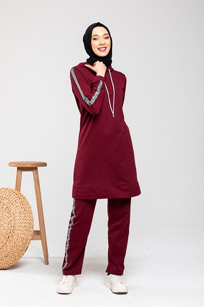 CNG MODA Claret Red Women's Tracksuit Set - Sleeve Stripe Detailed