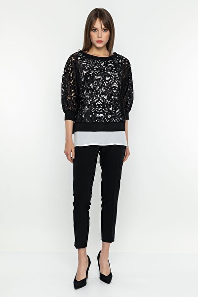 INVIDIA Dantel Detaylı Siyah Bluz