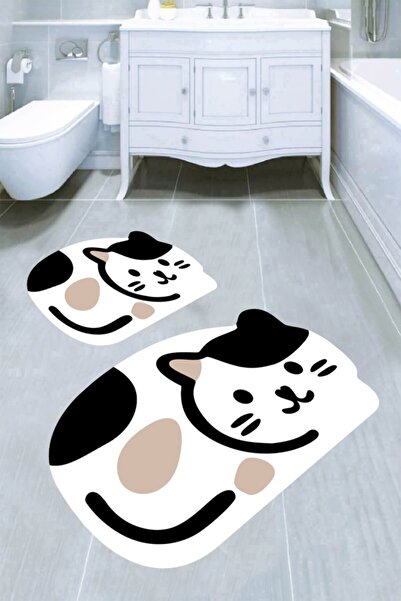 Resmiro Lazer Kesim Kedi Desenli 2li Banyo Paspası (50x60 Cm - 60x100 Cm)