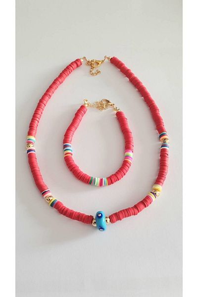 EDWOL Fimo Soft Evil Eye Beaded Necklace and Bracelet Set Red