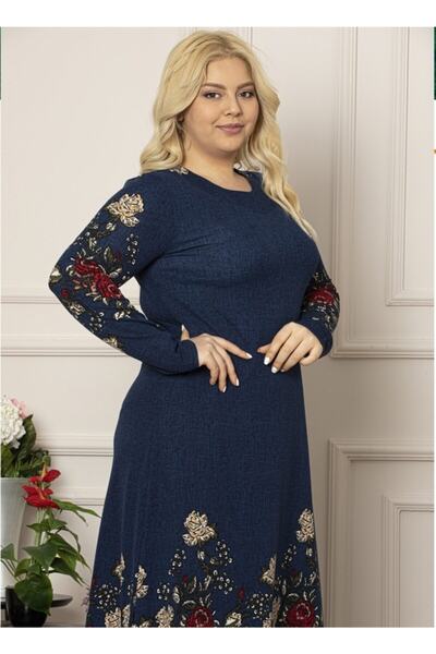 Şirin Butik Γυναικείο φόρεμα με μπλέ γιακά μακρύ μεγάλο μέγεθος