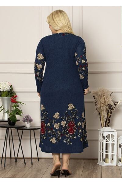 Şirin Butik Γυναικείο φόρεμα με μπλέ γιακά μακρύ μεγάλο μέγεθος