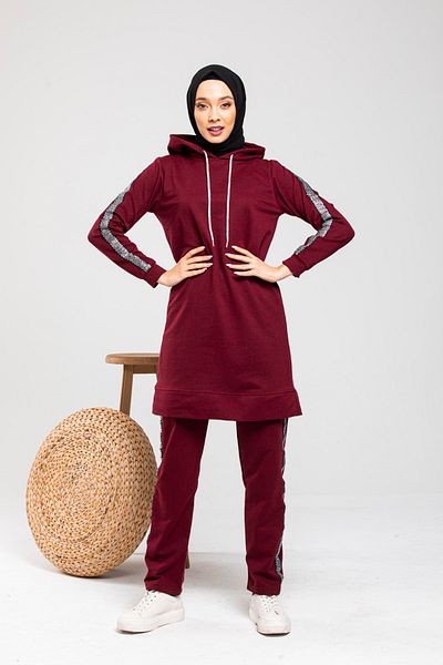 CNG MODA Women's Battal Claret Red Sleeve Striped Tracksuit Set