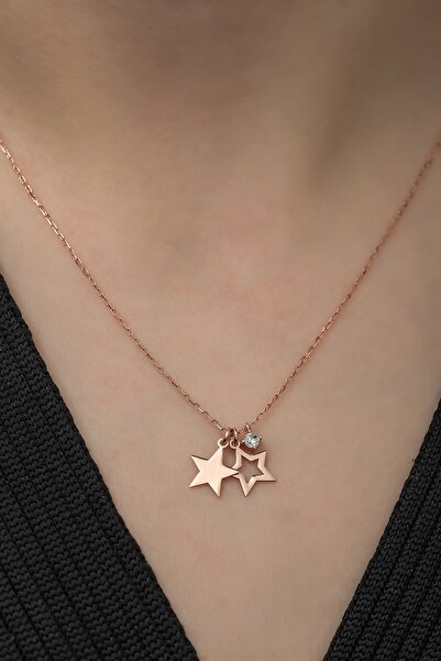 Nereze 925 Ayar Minimal Çift Yıldız Kolye Kadın Gümüş Kolye