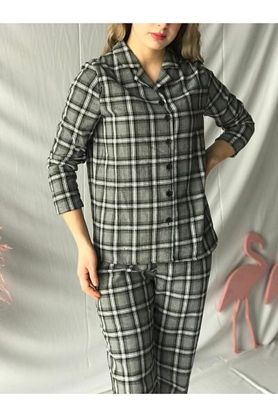 Laluvia Grau kariertes Pyjama-Set für Damen mit Augenklappe