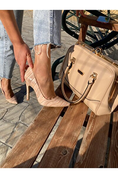 Elegant Ayakkabı Stiletto Kroko Bej