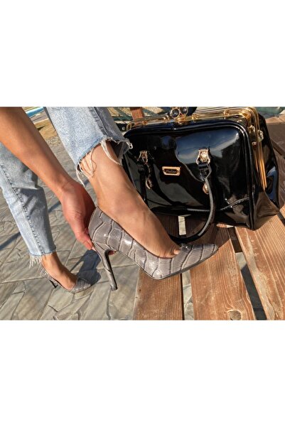 Elegant Ayakkabı Stiletto Kroko Gri