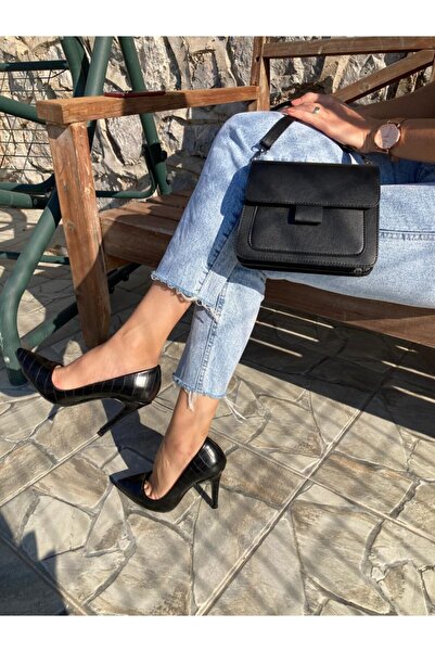 Elegant Ayakkabı Stiletto Kroko Mat Siyah
