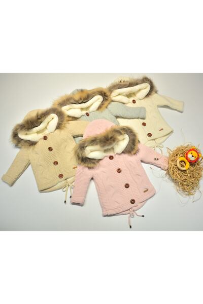 Nipperland Kız Bebek Pembe Kürklü Kuzu Yünü Örme Parkası