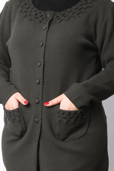 Laden Women's Knitwear Woolen Handcrafted Furry Mother Khaki Thick Cardigan