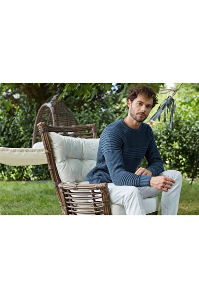 Tarz Cool Чоловічий синій светр з велосипедним коміром і вставками з тканини