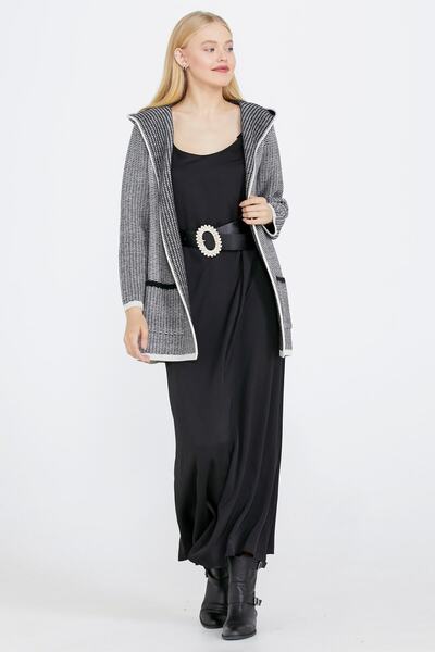 Sementa Жіночий трикотажний піджак з кишенями та капюшоном - Кістковий - Чорний