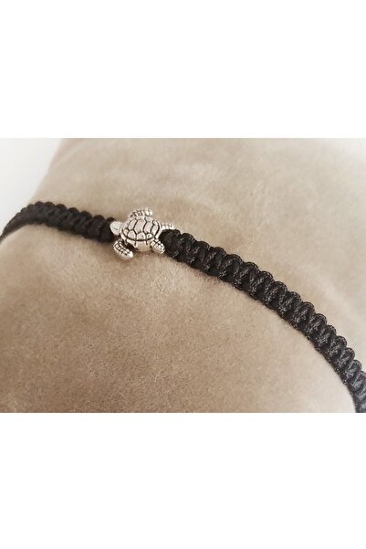 Qirpi Kaplumbağ Figürlü Makrome Örgü Bileklik Unisex Siyah Renk 24 Cm