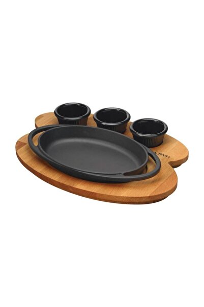 Lava Ahşap Altlıklı Döküm Demir Oval Tava 21x14 cm- /Sos kapları dahil değildir/