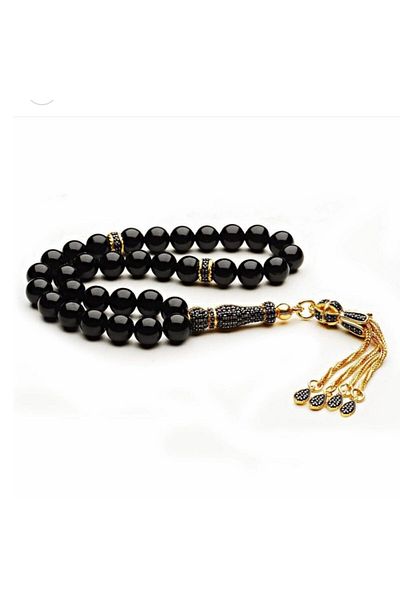 Tesbihsepetim Men's Onix Stone Black Prayer Beads with Silver Tassels - Special Design