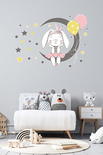 Tilki Dünyası Cute Rabbit Sitting on the Moon