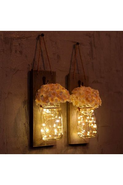 CajuArt Decorative Double Jar Artificial Flower Fairy Led Light Sconce