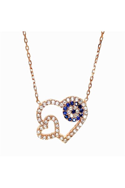 OSMANLI GÜMÜŞ Kalpli Nazar Boncuklu Rose Renk Bayan Gümüş Kolye