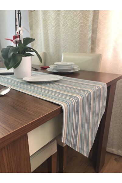 Fancyagnes Çizgi Desen Runner Duck Keten Kumaş El Yapımı 35x133cm