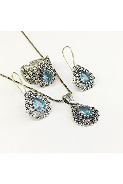 TMT TELKARİ Gümüş Telkari Açık Turkuaz Zirkon Damla Set