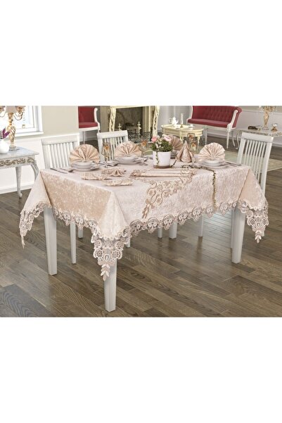 Miray Butik 26 Parça Kadife Dematex Fransız Dantelli Linen Yemek Seti Cappuchino