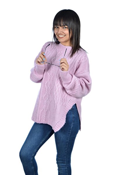 mykonsept Γυναικείο μάλλινο πουλόβερ με σχισμή λαιμόκοψη ροζ