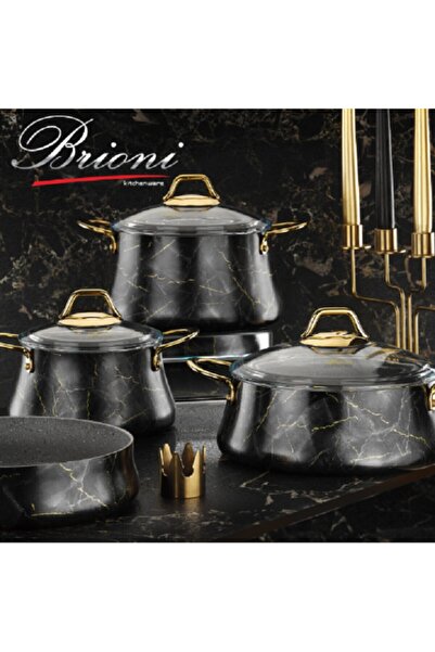 Brioni Marka 7 Parça Marble Siyah Mermer Tencere Seti