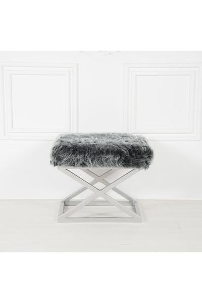 evodeko Gümüş Metal Ayaklı Füme Peluş Puf